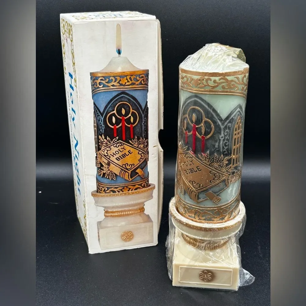 Holy Night Candle & Holder  Holy Bible Christmas 1978 New Old Stock Hong Kong